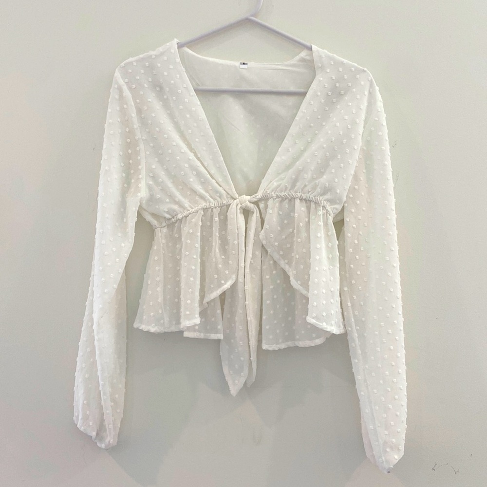 Beautiful white transparent front tie textured flowy blouse